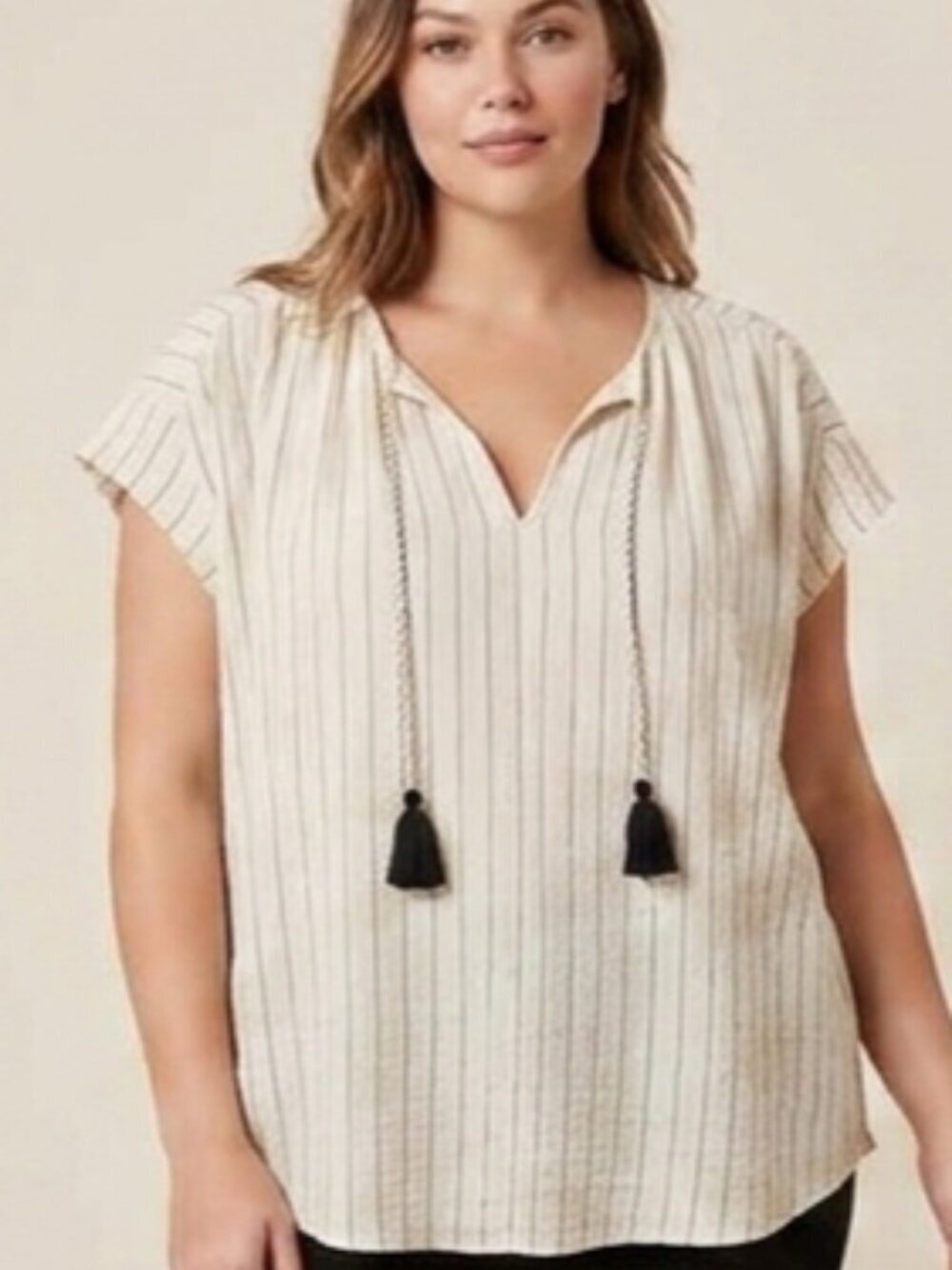 Just Living Women M Striped Off White Tassel Tie Short Flutter Sleeve Blouse Top